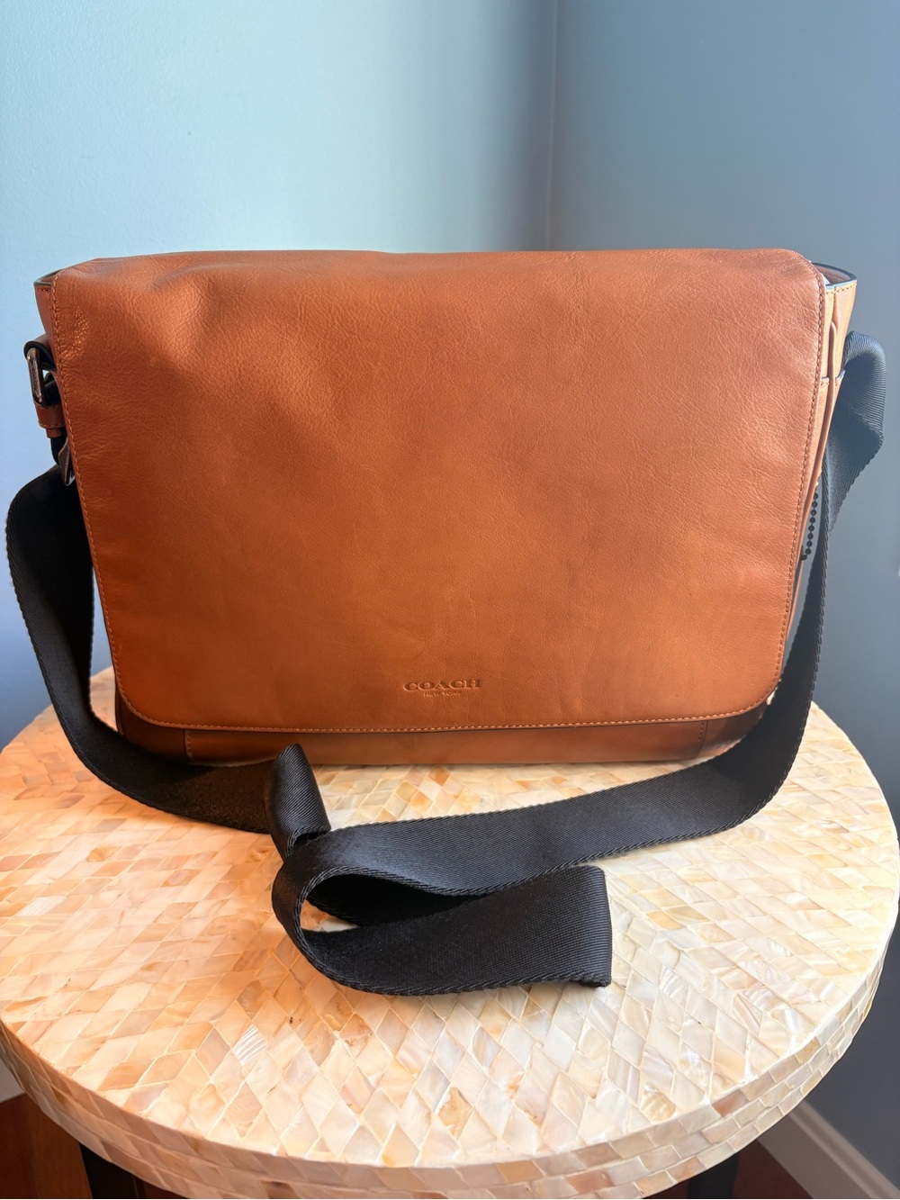 Coach Tan Leather Messenger Bag with Black Strap